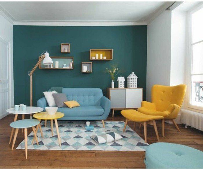 Déco Salon - idée excellente couleur peinture salon avec un mur d'accent bleu pétrole ...