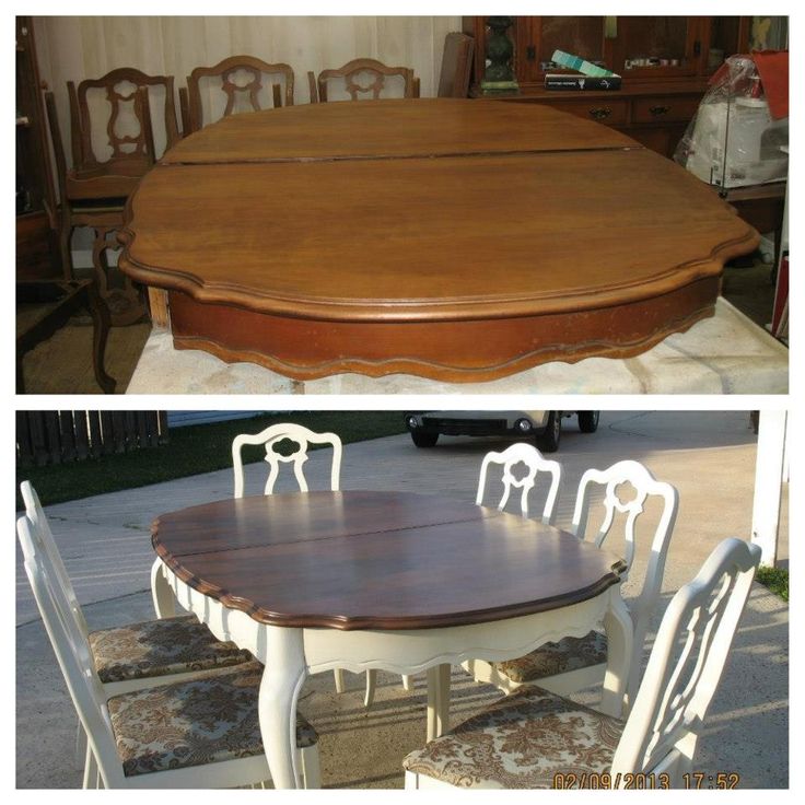 Salle à manger - refinish dining room table. Before and after. White